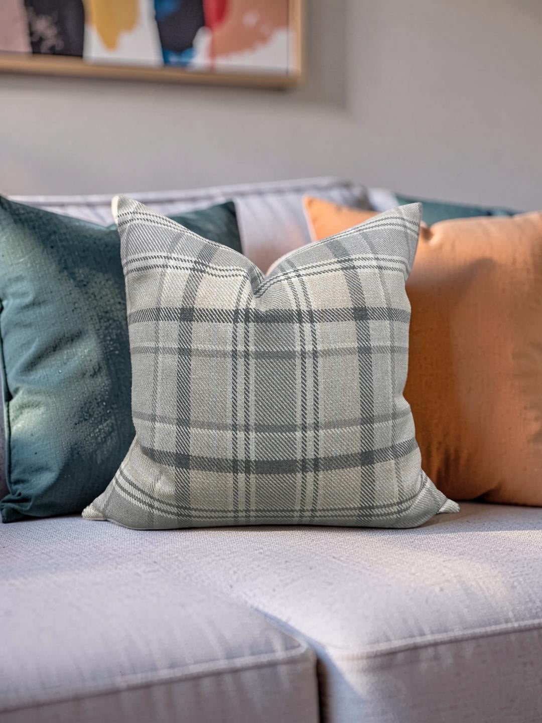 Plaid Decorative Pillow Carsten Stone 20x20" Knife Edge Cover