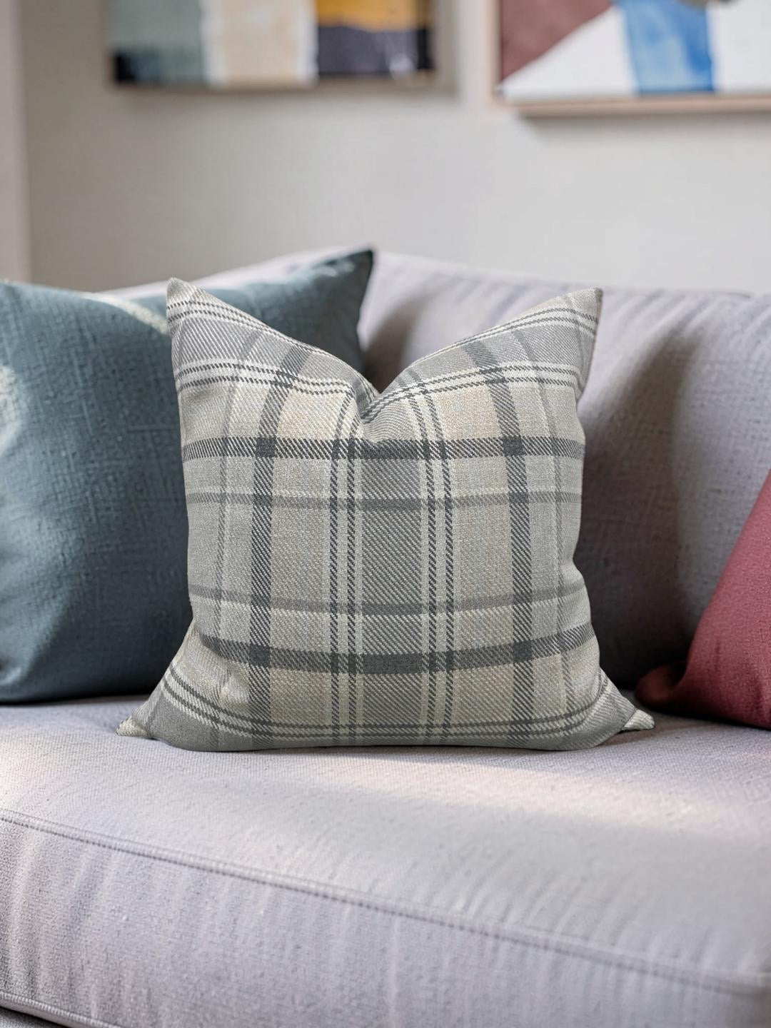 Plaid Decorative Pillow Carsten Stone 22x22" Knife Edge Cover