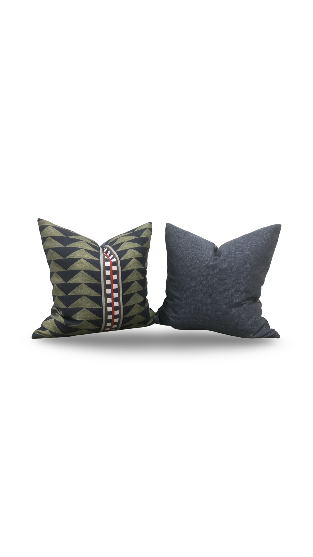 Two decorative pillows, one with a geometric pattern and the other solid color, on a white background.