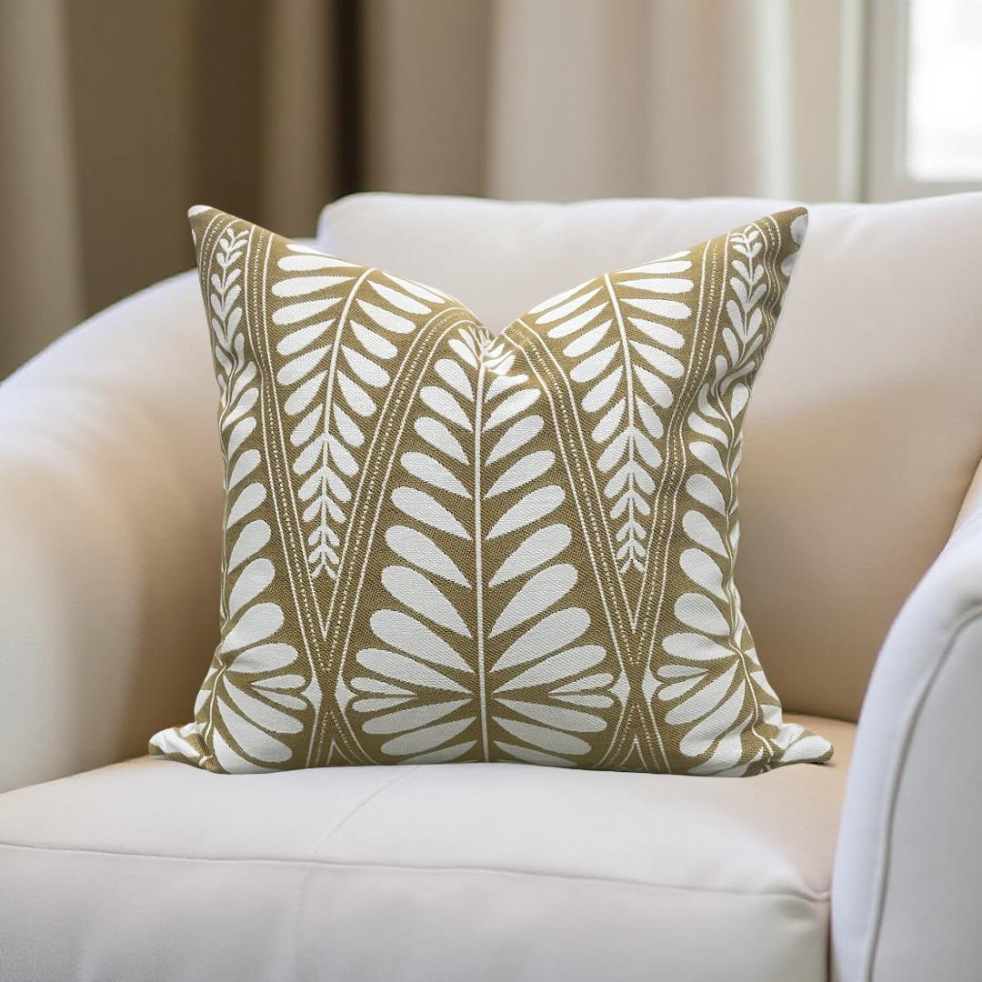 Designer Fabric Moi Marche Out Gold 18x18" Knife Edge Decorative Throw Pillow