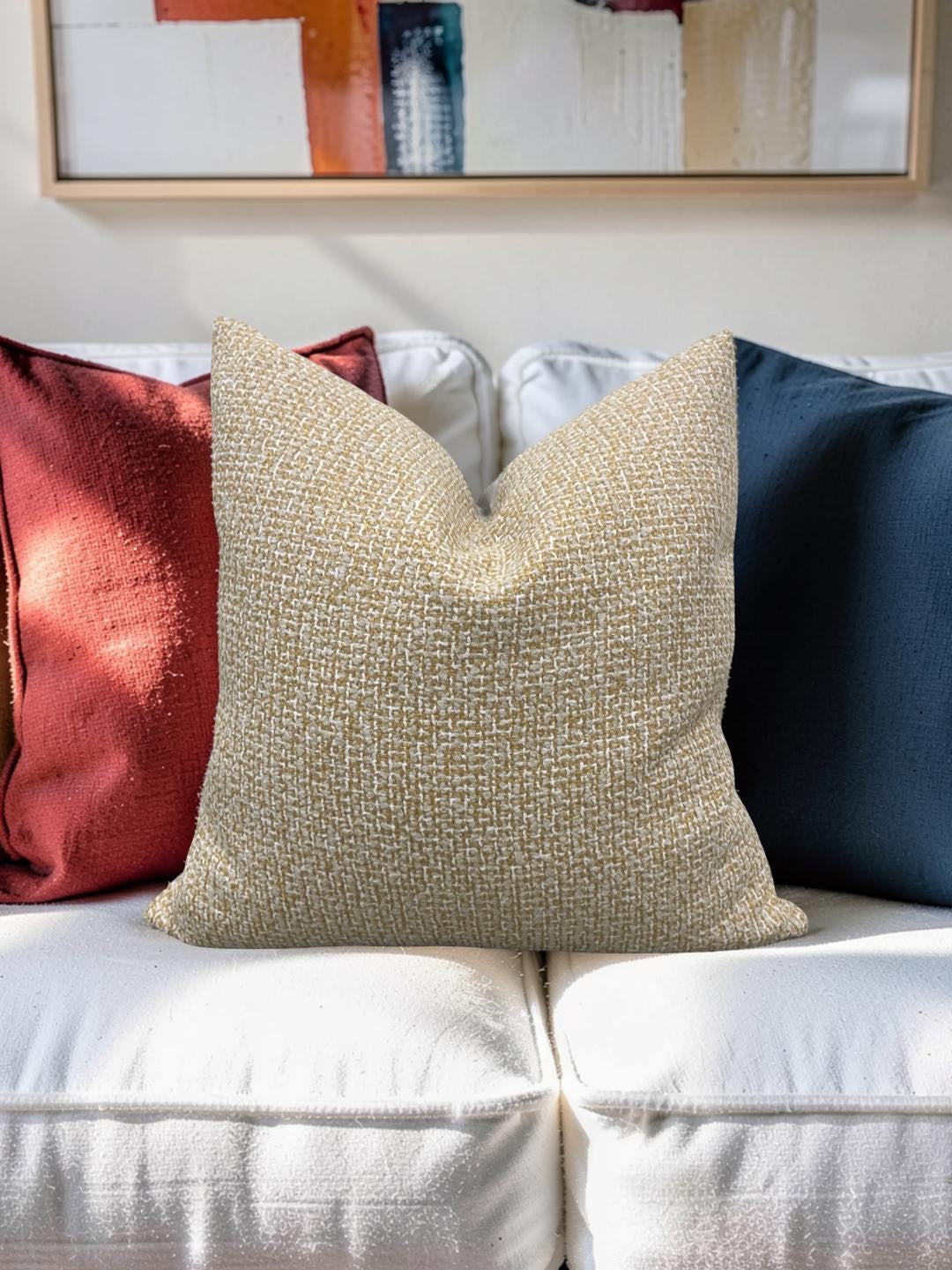Decorative Pillow Gold Beige and White 20x20" Knife Edge Cover