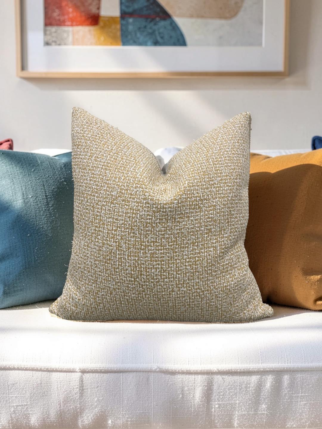 Decorative Pillow Gold Beige and White 20x20" Knife Edge Cover