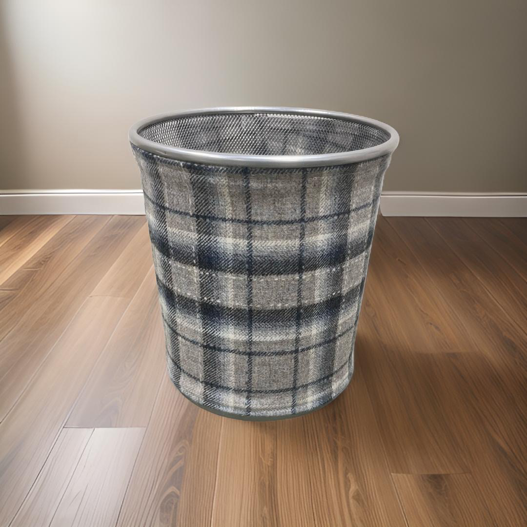 Gray and Blue Plaid Decorative Waste Basket