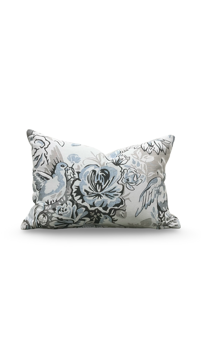 Gray Light Blue Black Silky Floral 12X18" Knife Edge Decorative Lumbar Pillow