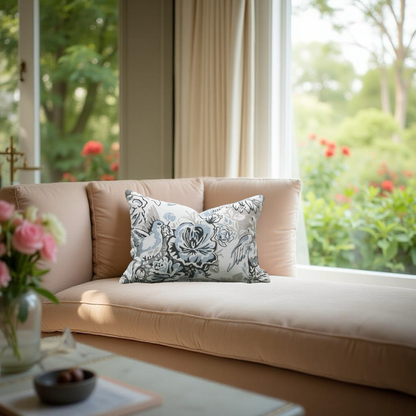 Gray Light Blue Black Silky Floral 12X18" Knife Edge Decorative Lumbar Pillow