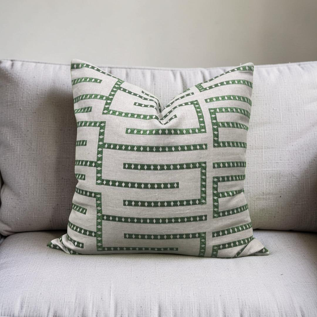 Green and Tan Embroidered Geometric 20x20" Knife Edge Decorative Pillow Cover
