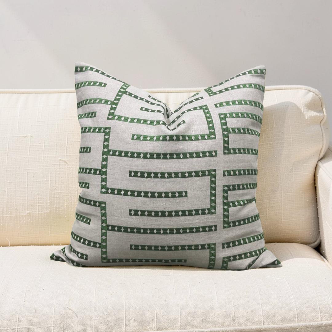 Green and Tan Embroidered Geometric 20x20" Knife Edge Decorative Pillow Cover