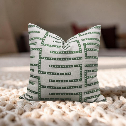 Green and Tan Embroidered Geometric 20x20" Knife Edge Decorative Pillow Cover