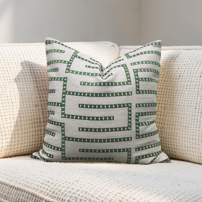 Green and Tan Embroidered Geometric 20x20" Knife Edge Decorative Pillow Cover