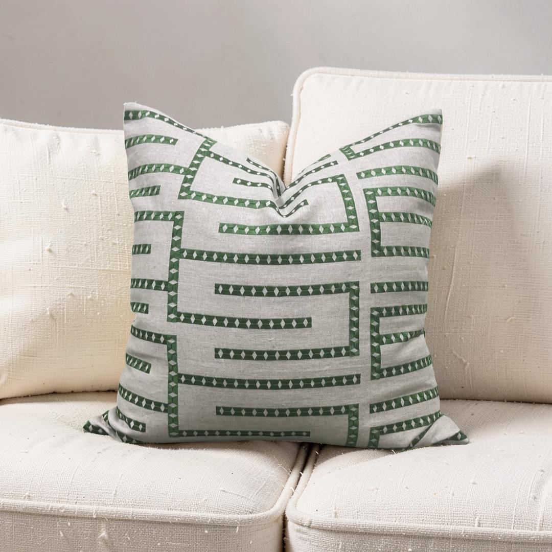 Green and Tan Embroidered Geometric 20x20" Knife Edge Decorative Pillow Cover