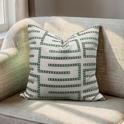 Green and Tan Embroidered Geometric 20x20" Knife Edge Decorative Pillow Cover