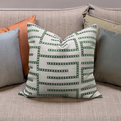 Green and Tan Embroidered Geometric 20x20" Knife Edge Decorative Pillow Cover