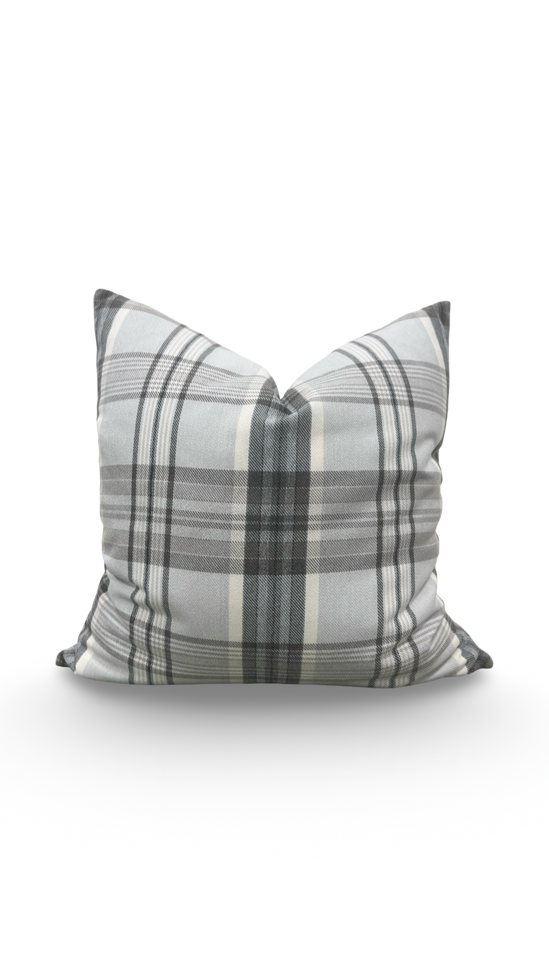 Plaid pillow with gray and white pattern on a white background