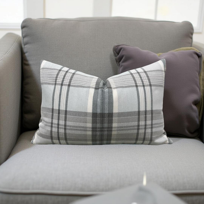 Lumbar Pillow - Gray and Taupe Plaid 12X18" Knife Edge Cover