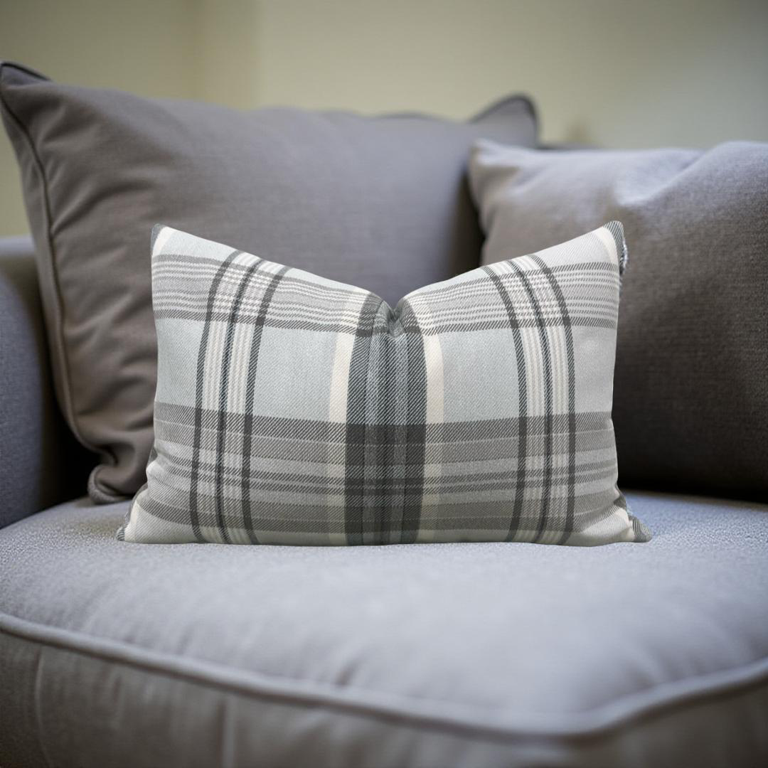 Lumbar Pillow - Gray and Taupe Plaid 12X18" Knife Edge Cover