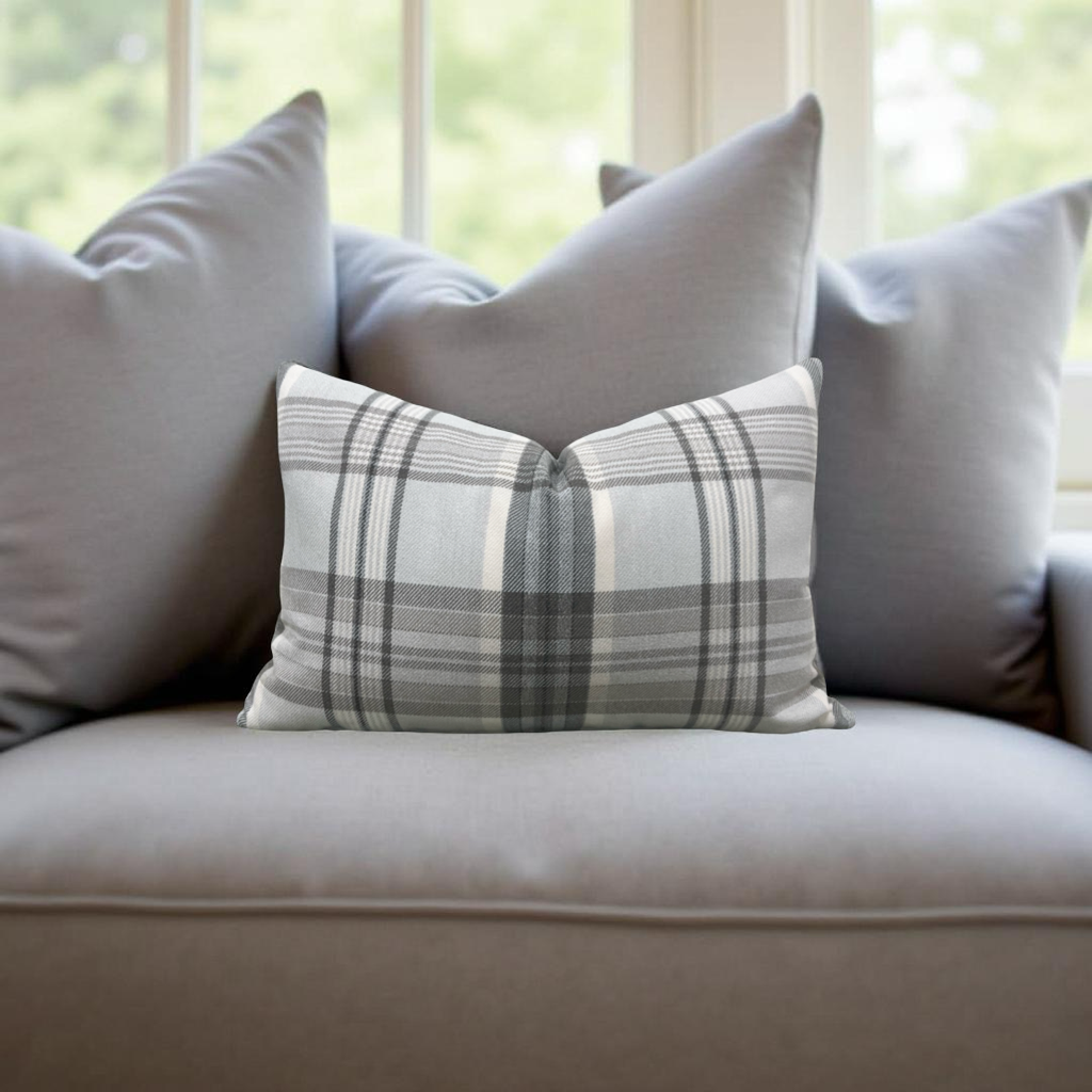 Lumbar Pillow - Gray and Taupe Plaid 12X18" Knife Edge Cover