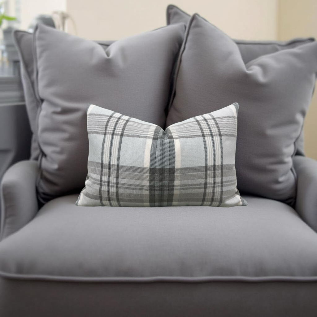 Lumbar Pillow - Gray and Taupe Plaid 12X18" Knife Edge Cover