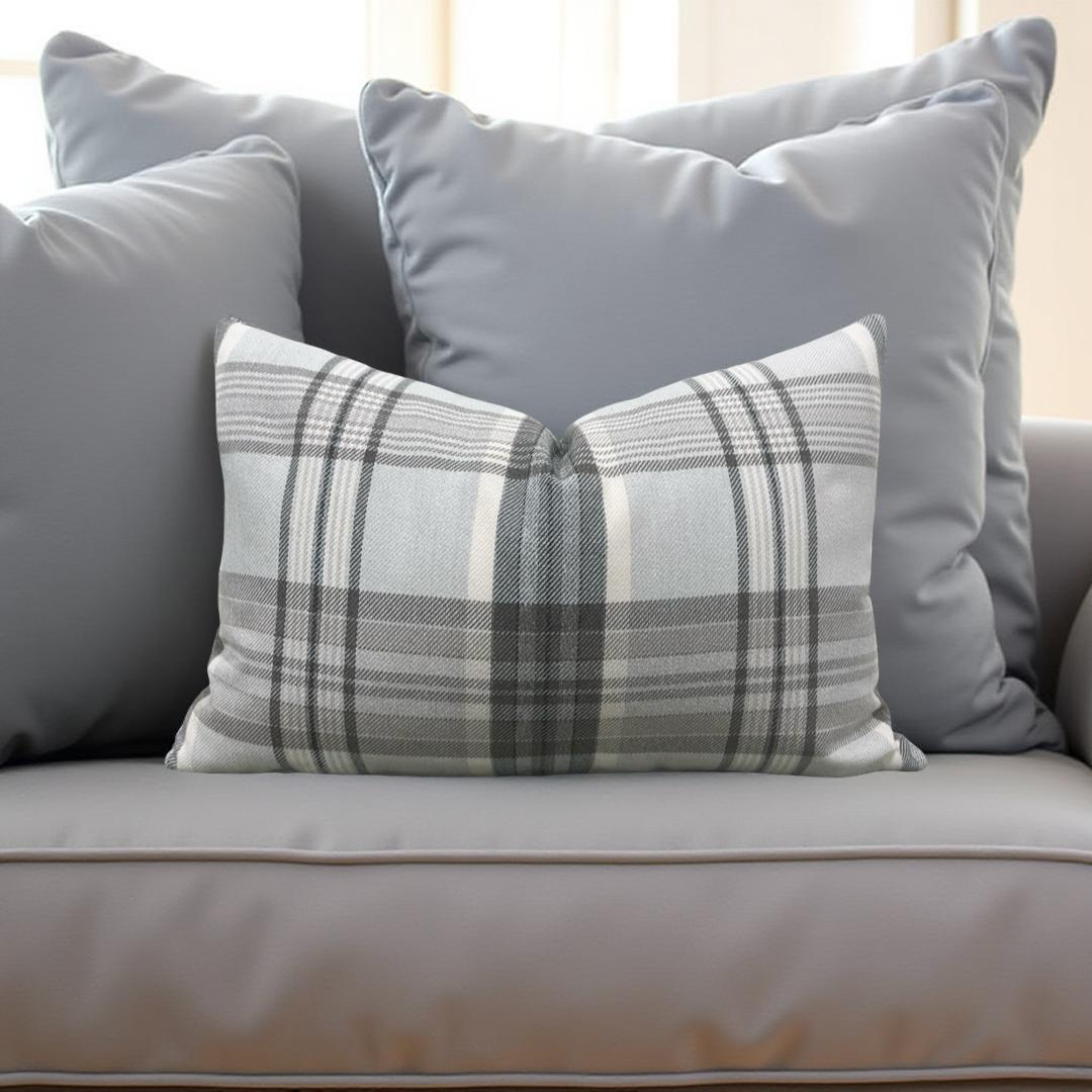 Lumbar Pillow - Gray and Taupe Plaid 12X18" Knife Edge Cover