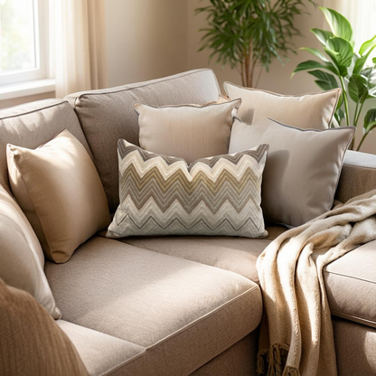 Beige sofa with patterned cushions and a blanket in a cozy living room.