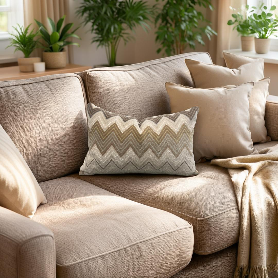 Beige sofa with decorative pillows and a blanket in a cozy living room setting.