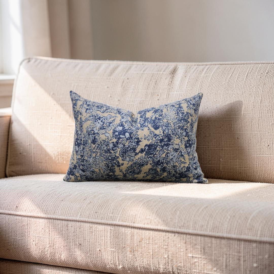 Holland & Sherry Lumbar Pillow Tan and Blue Abstract 12x18" Knife Edge Cover