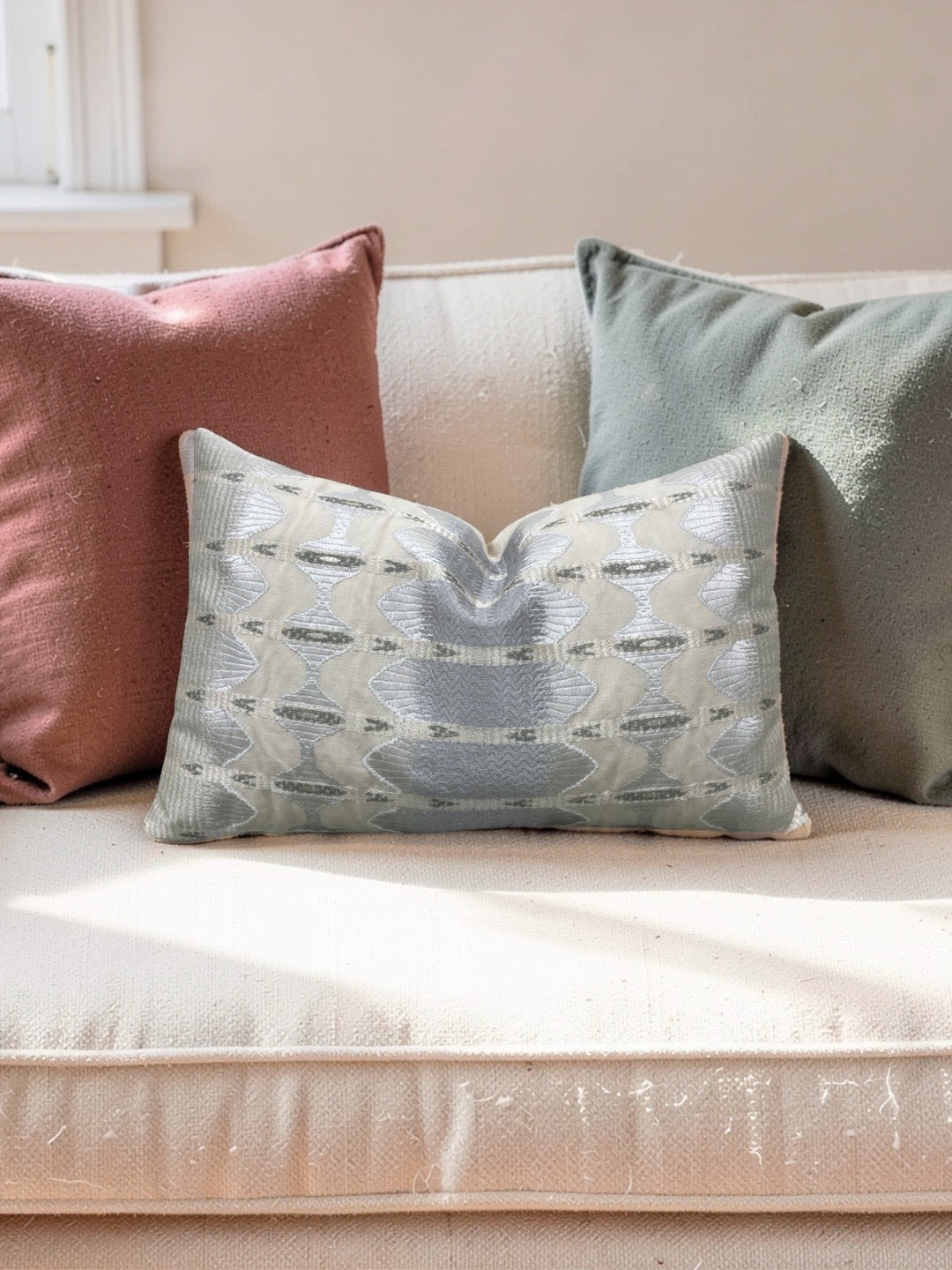 Jim Thompson Fabric Lumbar Pillow Sulawesi Stripe Cloud 12x18" Knife Edge Cover