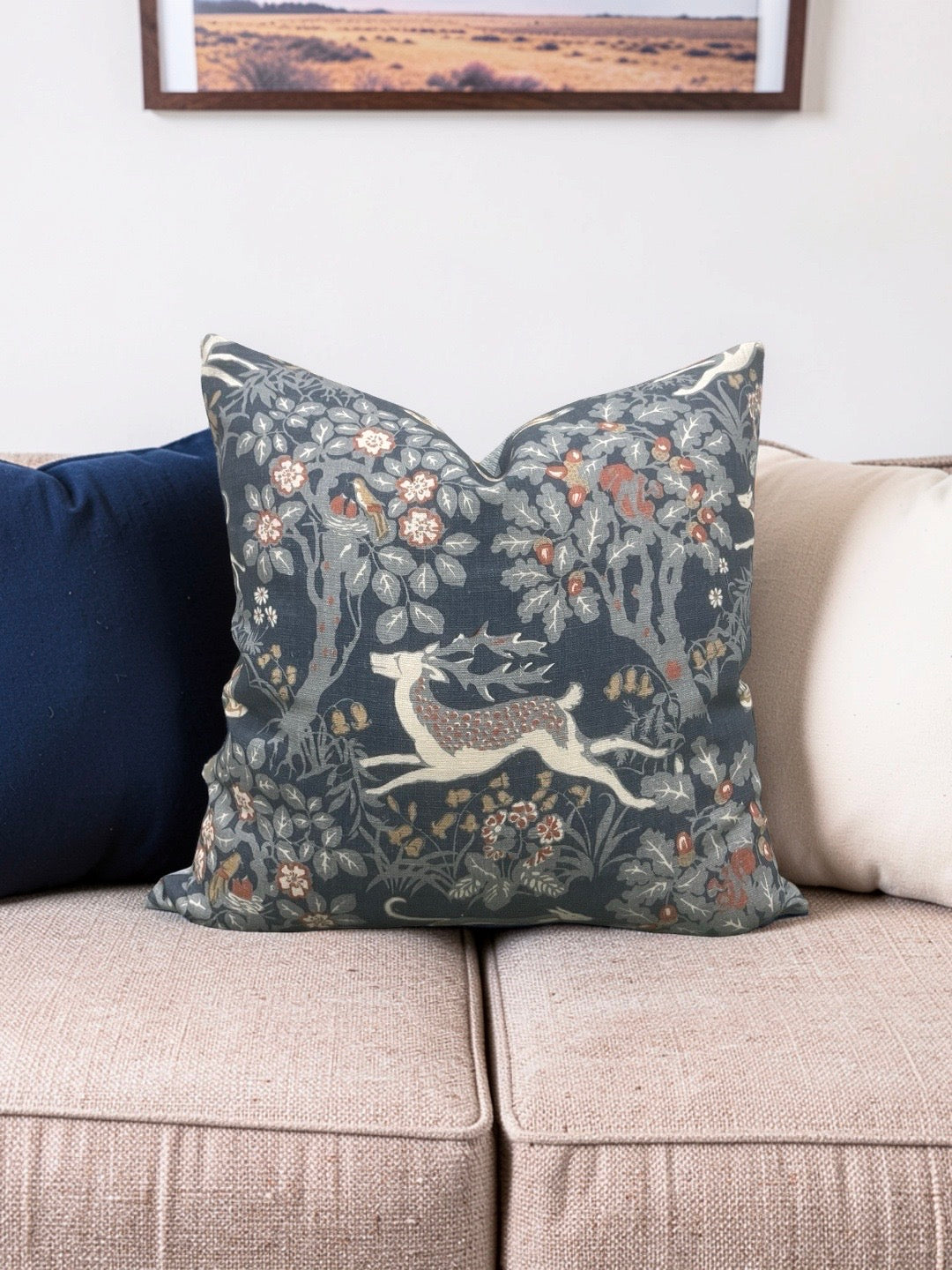 Lee Jofa Fabric Decorative Pillow Mille Fleur Print Denim 22x22" Knife Edge Cover