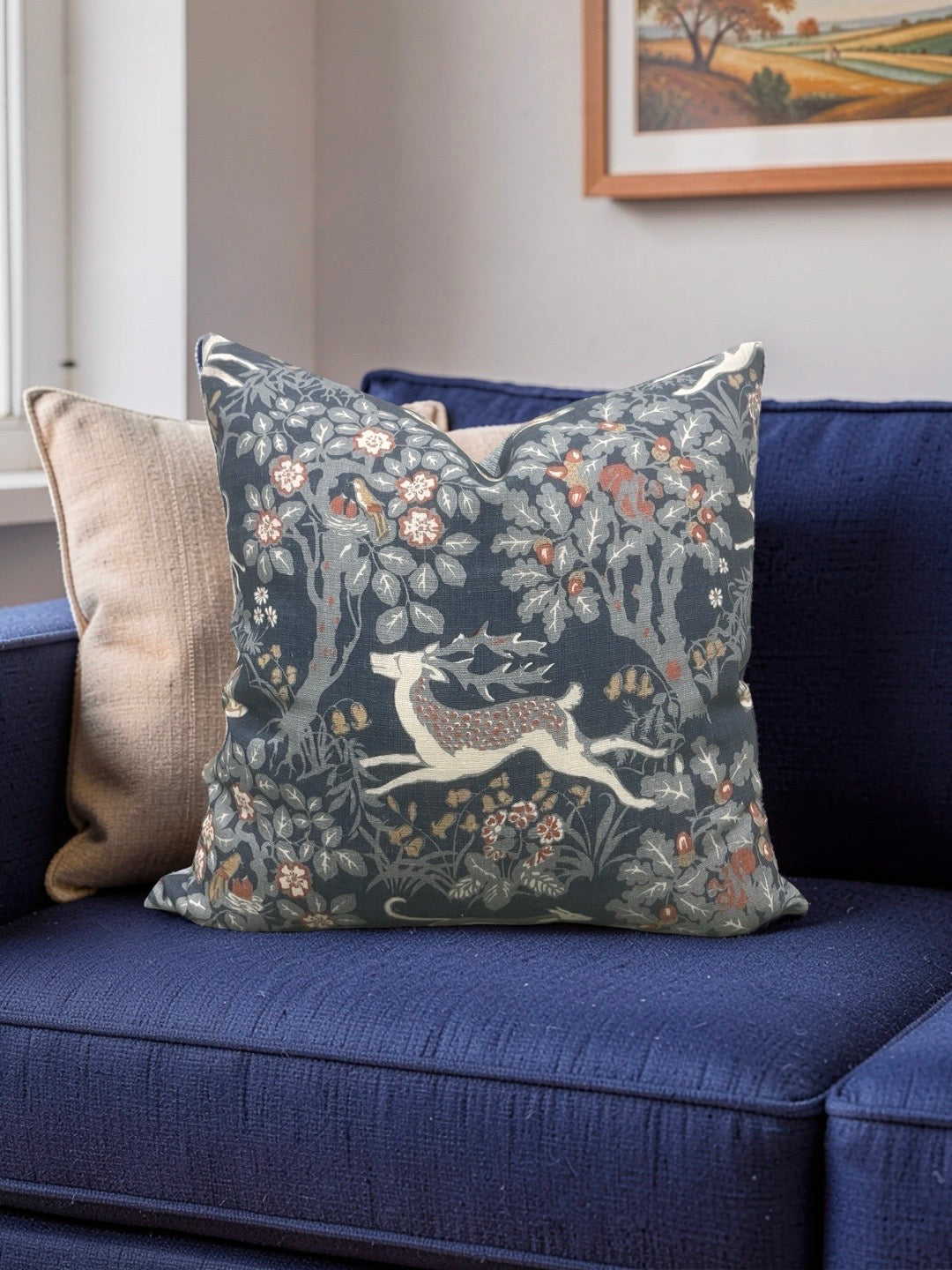 Lee Jofa Fabric Decorative Pillow Mille Fleur Print Denim 22x22" Knife Edge Cover