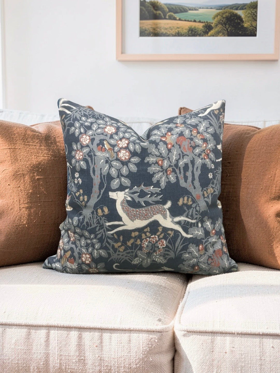 Lee Jofa Fabric Decorative Pillow Mille Fleur Print Denim 22x22" Knife Edge Cover