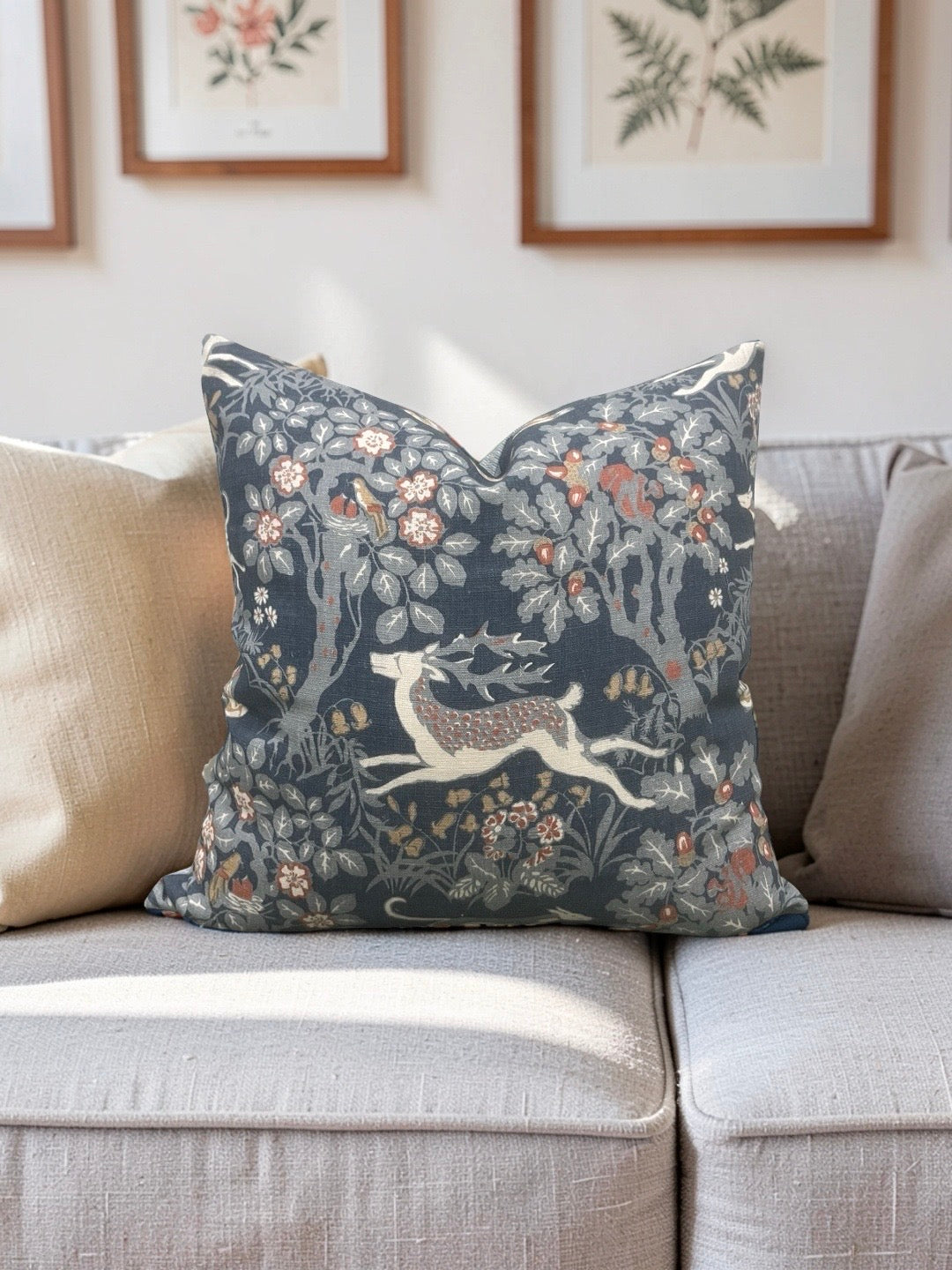 Lee Jofa Fabric Decorative Pillow Mille Fleur Print Denim 22x22" Knife Edge Cover