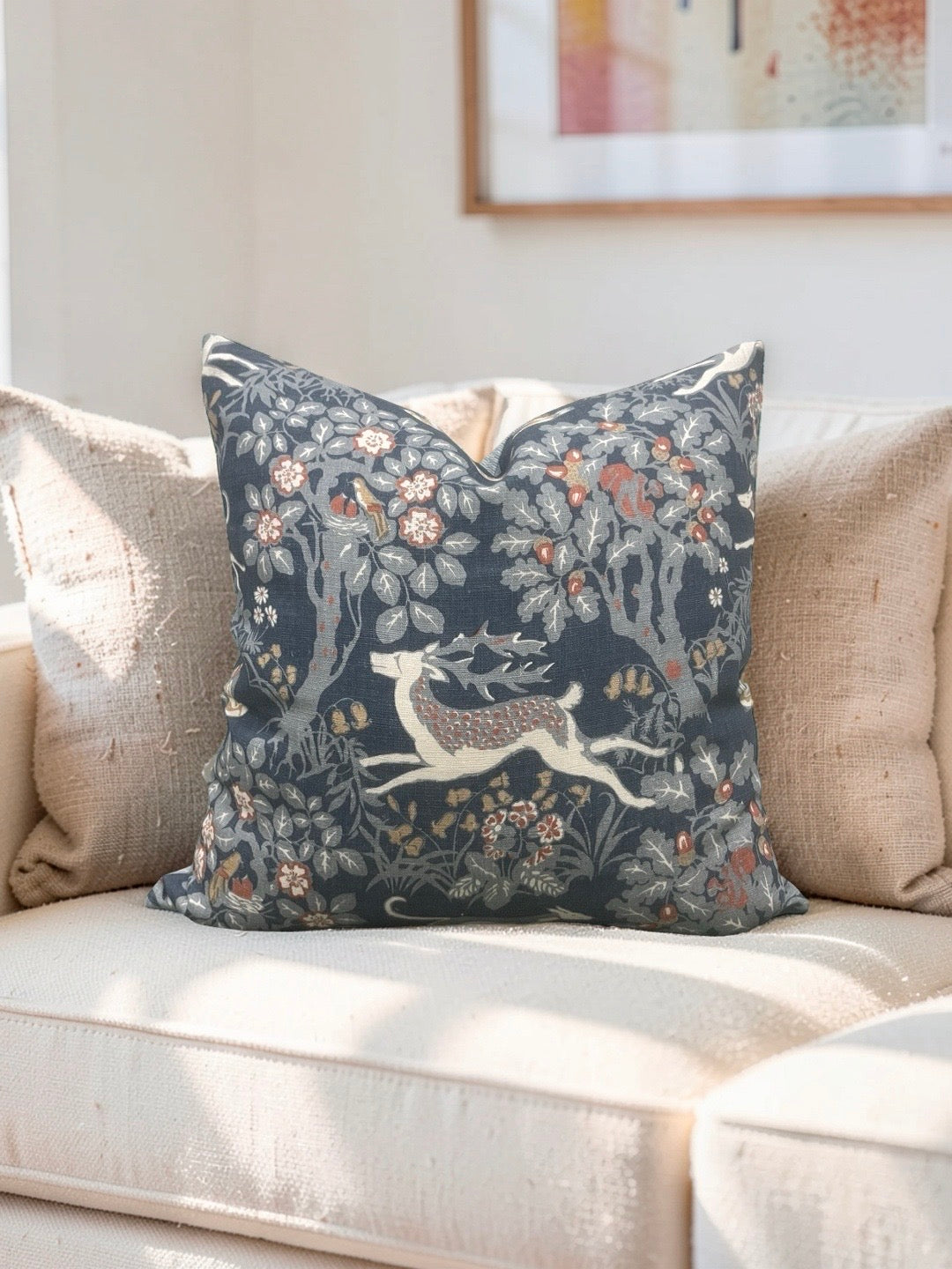 Lee Jofa Fabric Decorative Pillow Mille Fleur Print Denim 22x22" Knife Edge Cover