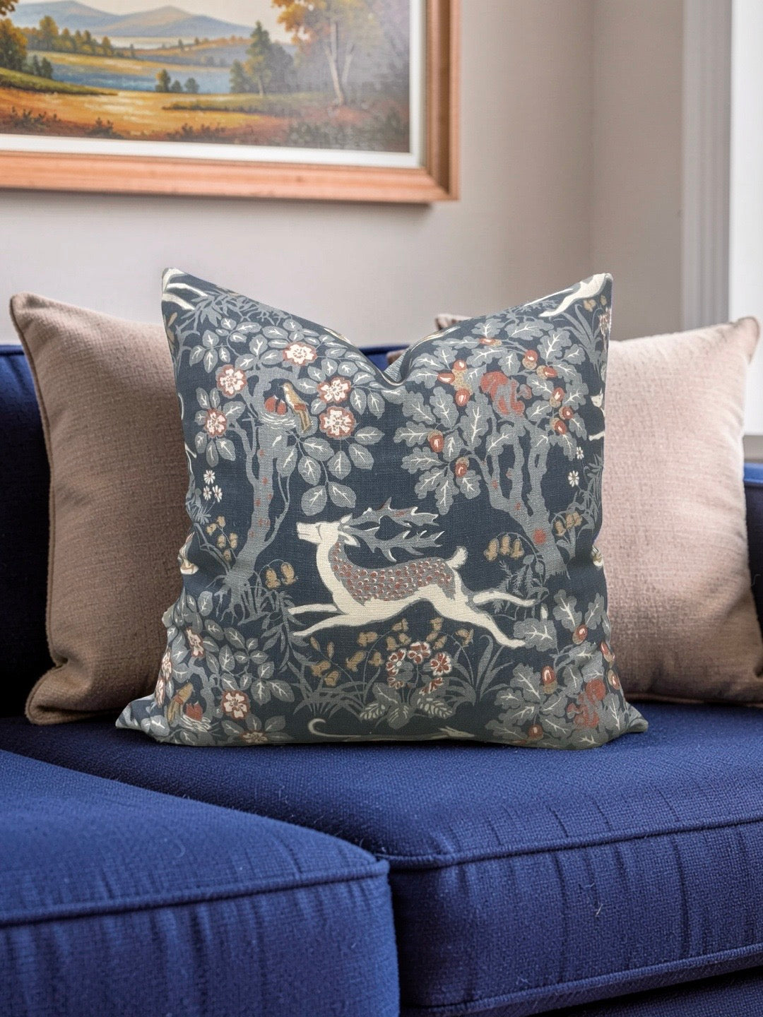 Lee Jofa Fabric Decorative Pillow Mille Fleur Print Denim 22x22" Knife Edge Cover