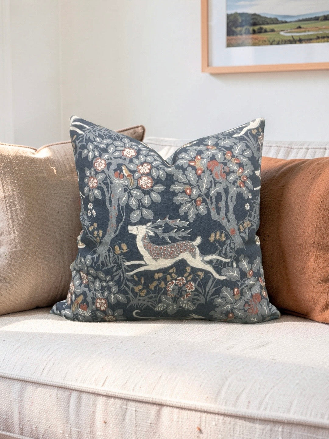 Lee Jofa Fabric Decorative Pillow Mille Fleur Print Denim 22x22" Knife Edge Cover