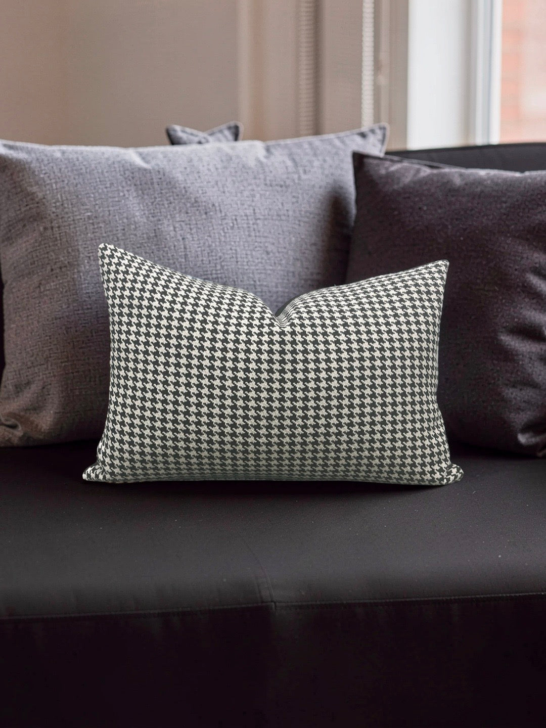 Dedar Milano Fabric Lumbar Pillow Houndstooth Domino 12x18" Knife Edge Cover