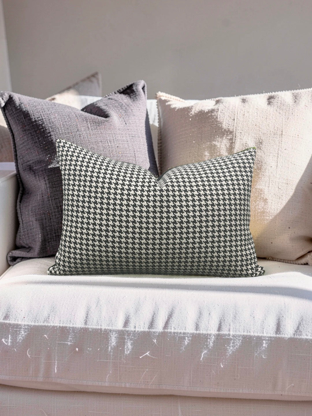 Dedar Milano Fabric Lumbar Pillow Houndstooth Domino 12x18" Knife Edge Cover