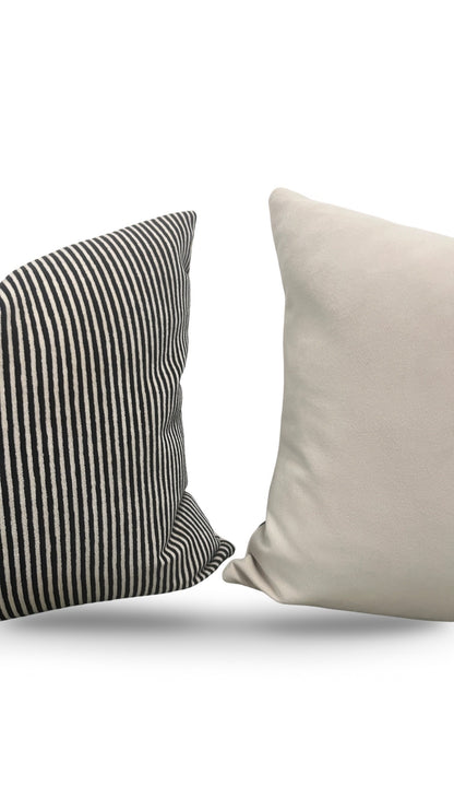 Black and Cream Velvet Striped Decorative Pillow Ralphie Domino 18x18" Knife Edge Cover