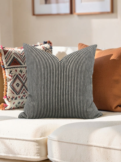 Black and Cream Velvet Striped Decorative Pillow Ralphie Domino 18x18" Knife Edge Cover