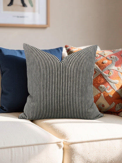 Black and Cream Velvet Striped Decorative Pillow Ralphie Domino 18x18" Knife Edge Cover