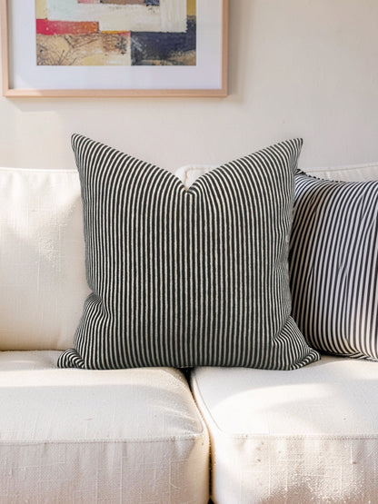 Black and Cream Velvet Striped Decorative Pillow Ralphie Domino 18x18" Knife Edge Cover