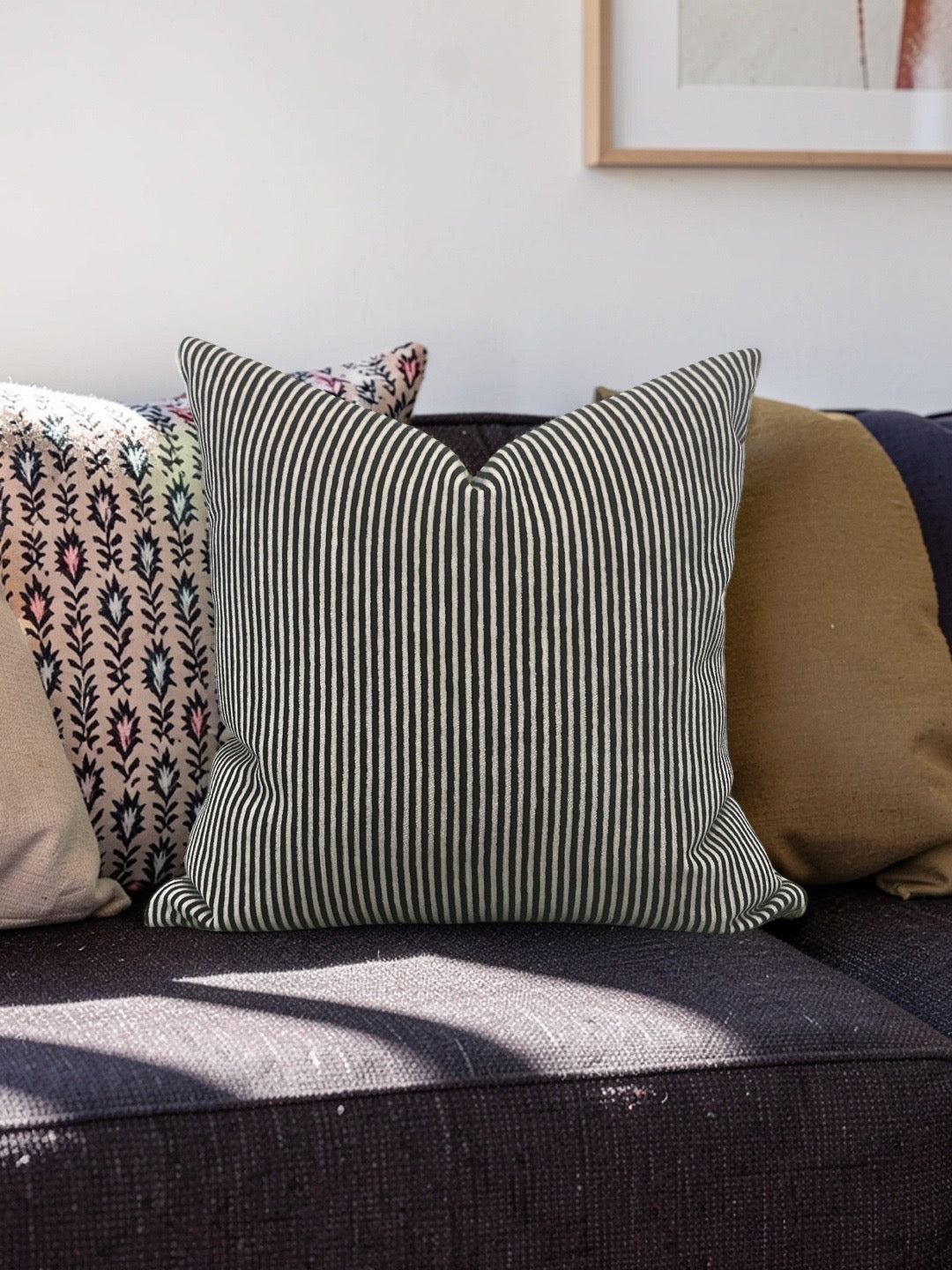 Black and Cream Velvet Striped Decorative Pillow Ralphie Domino 18x18" Knife Edge Cover
