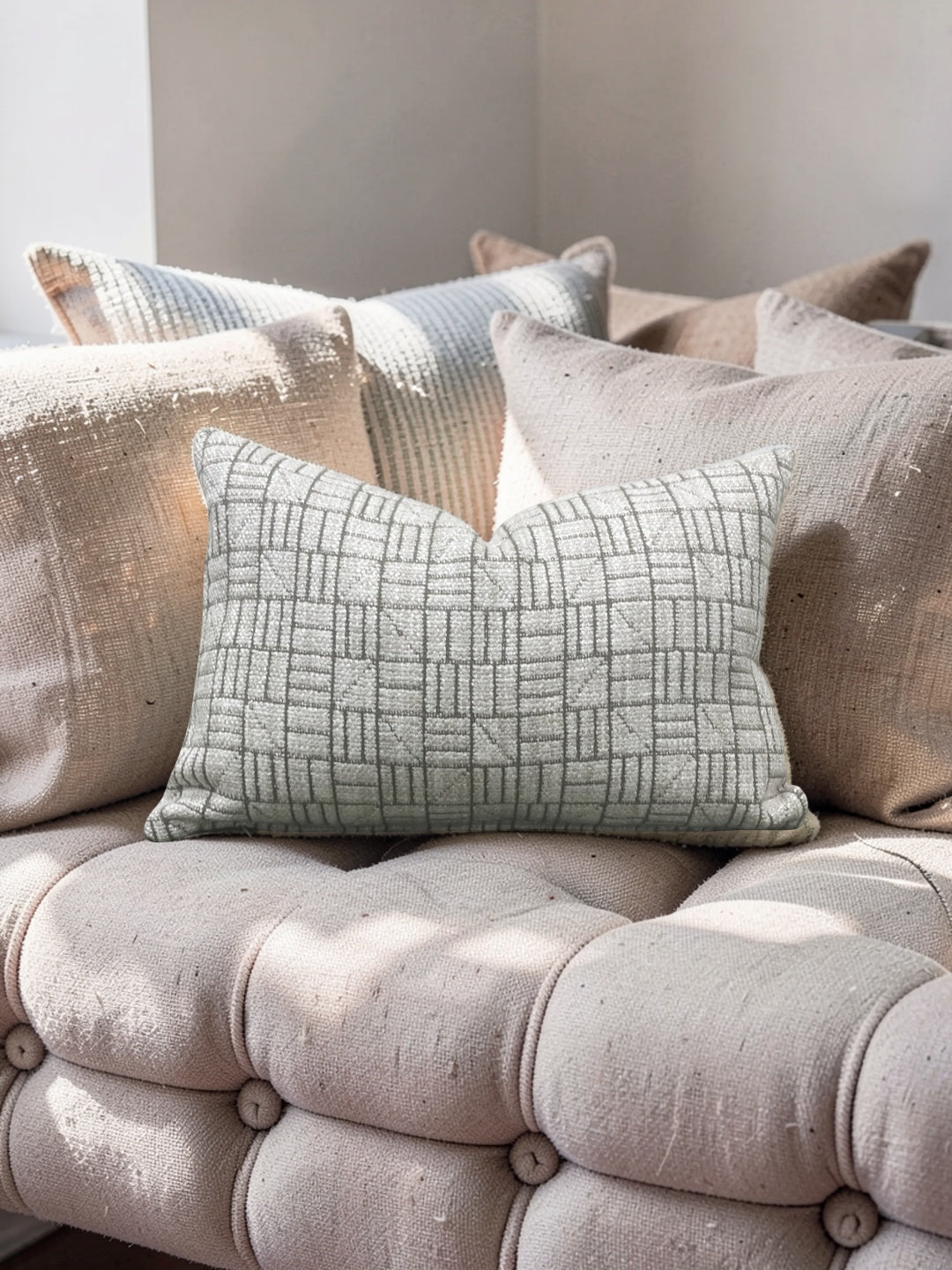 Mark Alexander Fabric Lumbar Pillow - Mark Alexander Crosstown Parchment 12x18" Knife Edge Cover