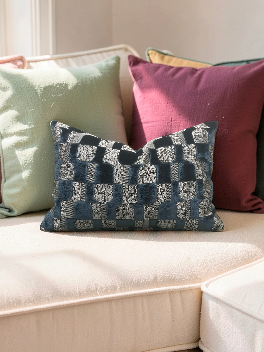Romo Fabric Lumbar Pillow Jacquard Velvet Arkose Orion 12x18" Knife Edge Cover