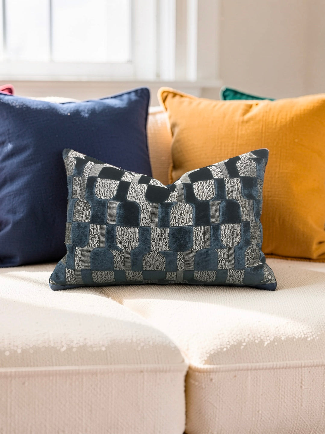 Romo Fabric Lumbar Pillow Jacquard Velvet Arkose Orion 12x18" Knife Edge Cover