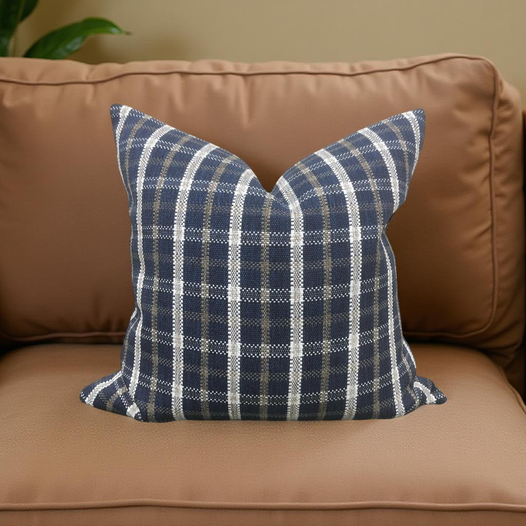 Designer Fabric Samoa Plaid Indigo 22X22" Knife Edge Throw Pillow