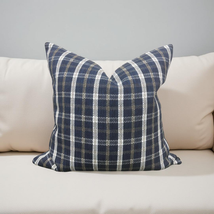 Designer Fabric Samoa Plaid Indigo 22X22" Knife Edge Throw Pillow