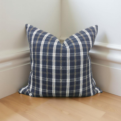 Designer Fabric Samoa Plaid Indigo 22X22" Knife Edge Throw Pillow
