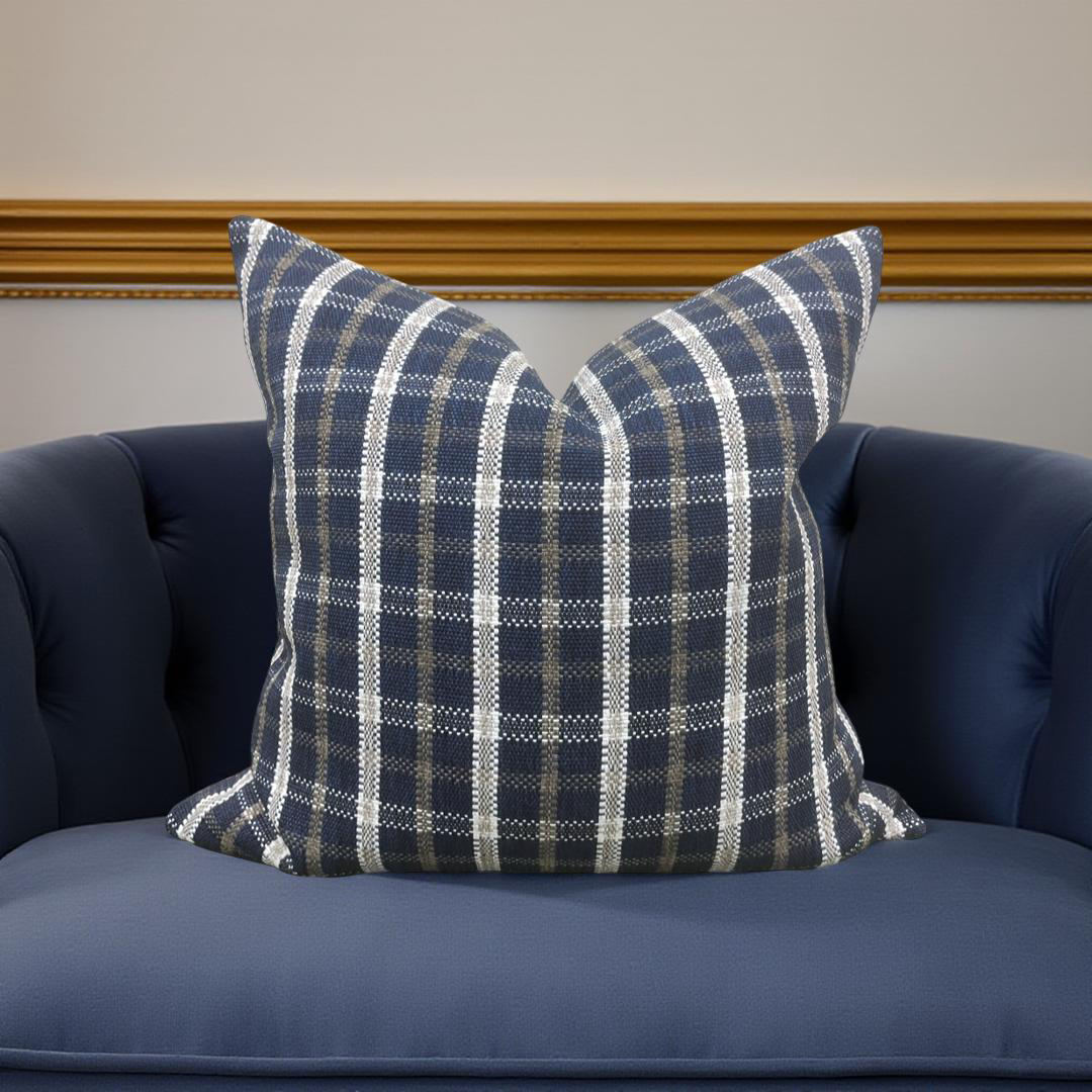 Designer Fabric Samoa Plaid Indigo 22X22" Knife Edge Throw Pillow