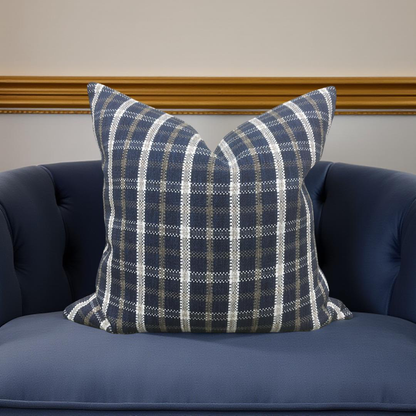 Designer Fabric Samoa Plaid Indigo 22X22" Knife Edge Throw Pillow