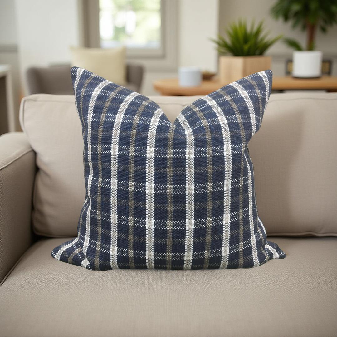Designer Fabric Samoa Plaid Indigo 22X22" Knife Edge Throw Pillow