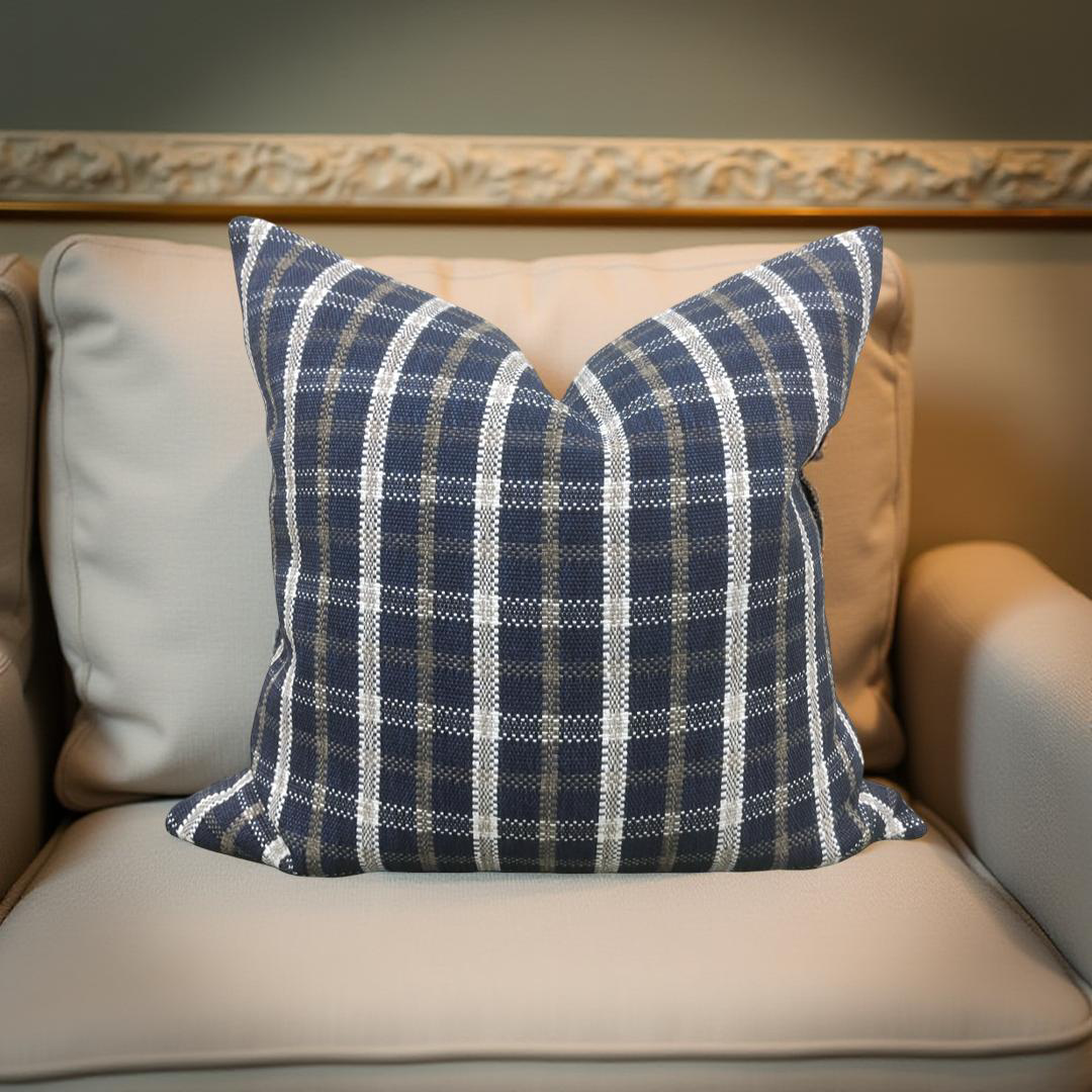 Designer Fabric Samoa Plaid Indigo 22X22" Knife Edge Throw Pillow
